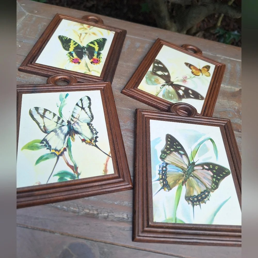 Vintage Wooden Wall Hanging Butterfly Decor Set of 4 Wood Watercolor Prints